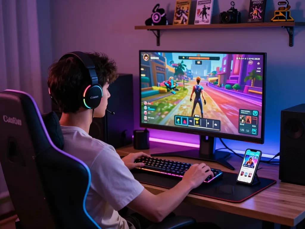 Engaged player immersed in a game sex simulator, showcasing vibrant graphics and cozy gaming setup.