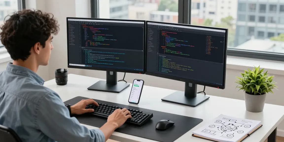 快连 developer optimizing network performance in modern workspace with dual monitors.