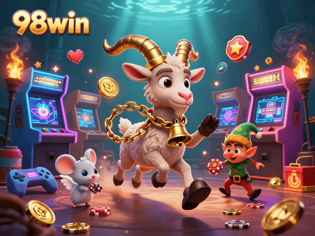 Immerse in a lively 98win casino scene with characters, arcades, and gaming elements.