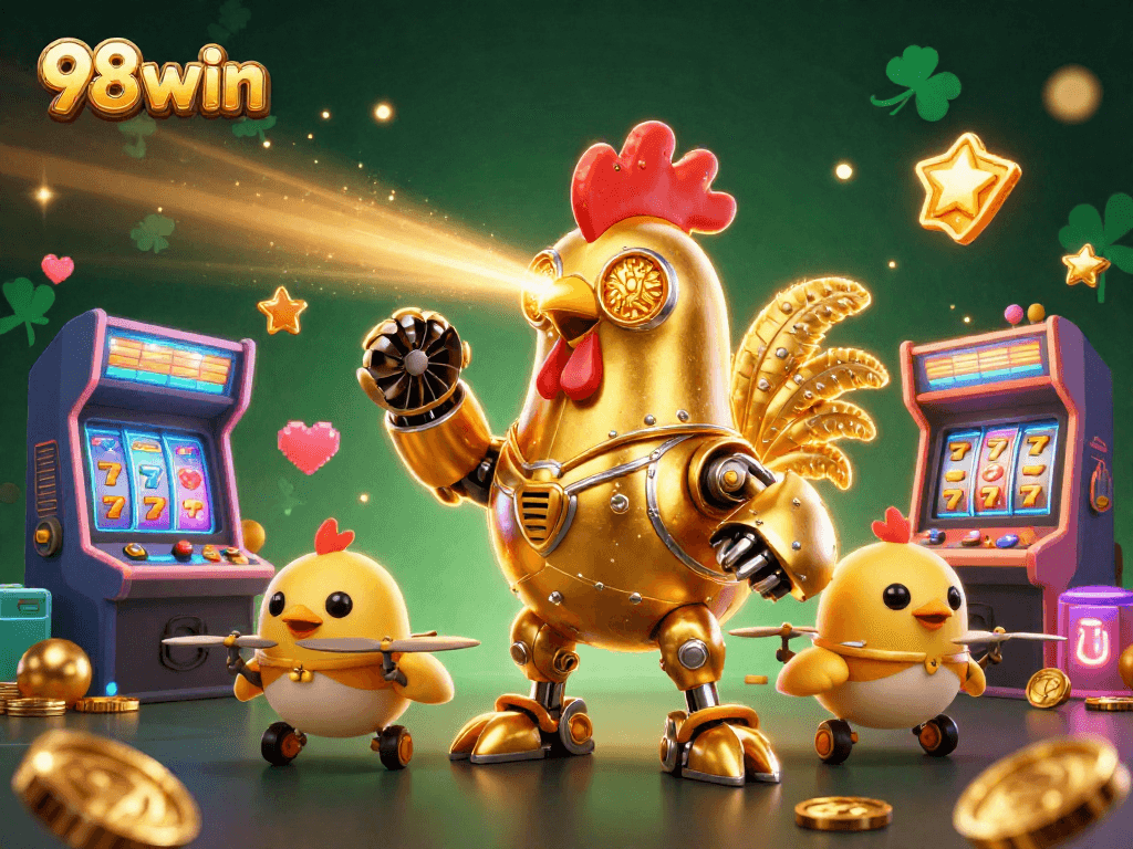 A dynamic scene depicting a golden rooster robot and drones showcasing 98win's vibrant casino universe.