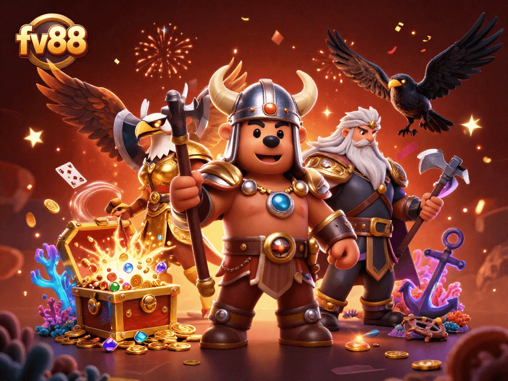 Experience thrilling gameplay at fv88 with a Viking bear and eagle celebrating in an immersive casino world.