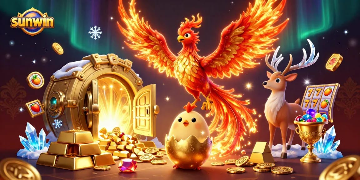Experience thrilling gameplay with sunwin's vibrant phoenix and treasure-filled casino illustration.