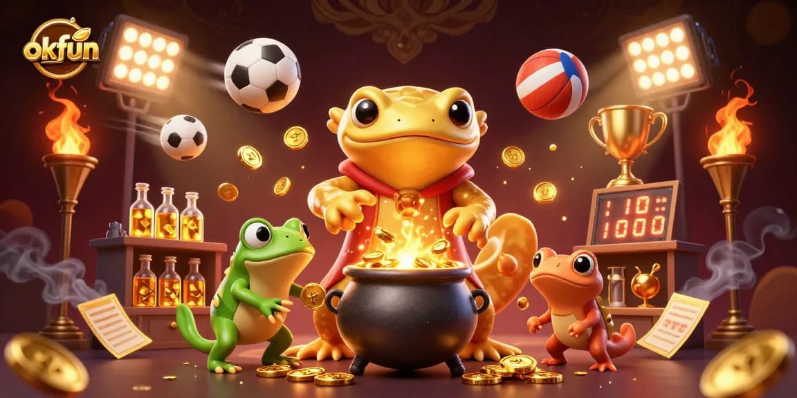 Experience the thrills of okfun with a dynamic scene featuring golden characters and sports elements for immersive gaming.