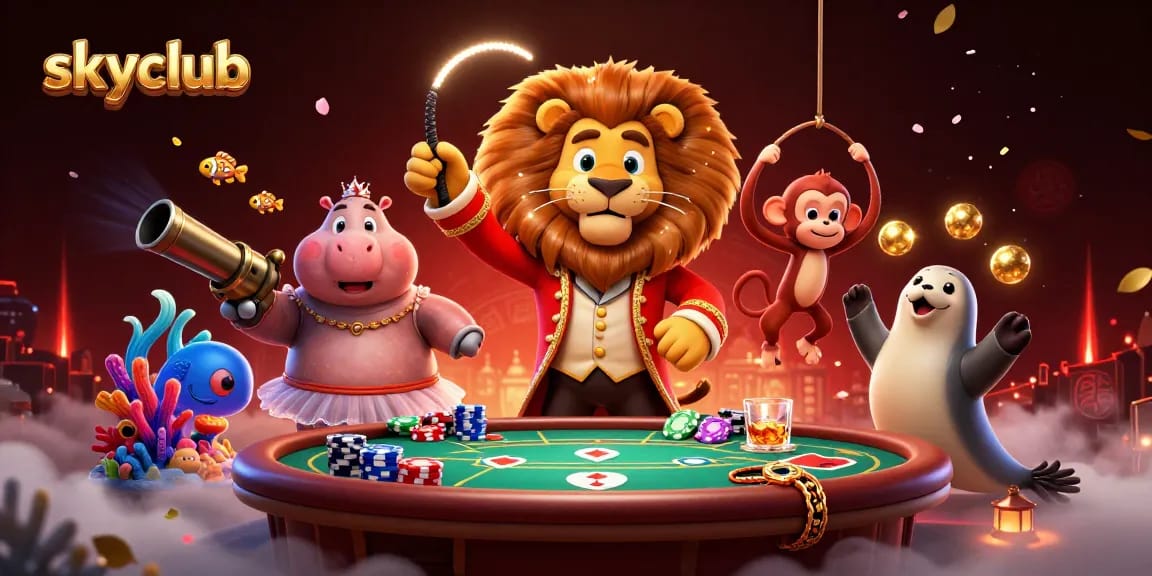 Experience the thrill of skyclub's fish shooting game with lively characters and vibrant casino elements.