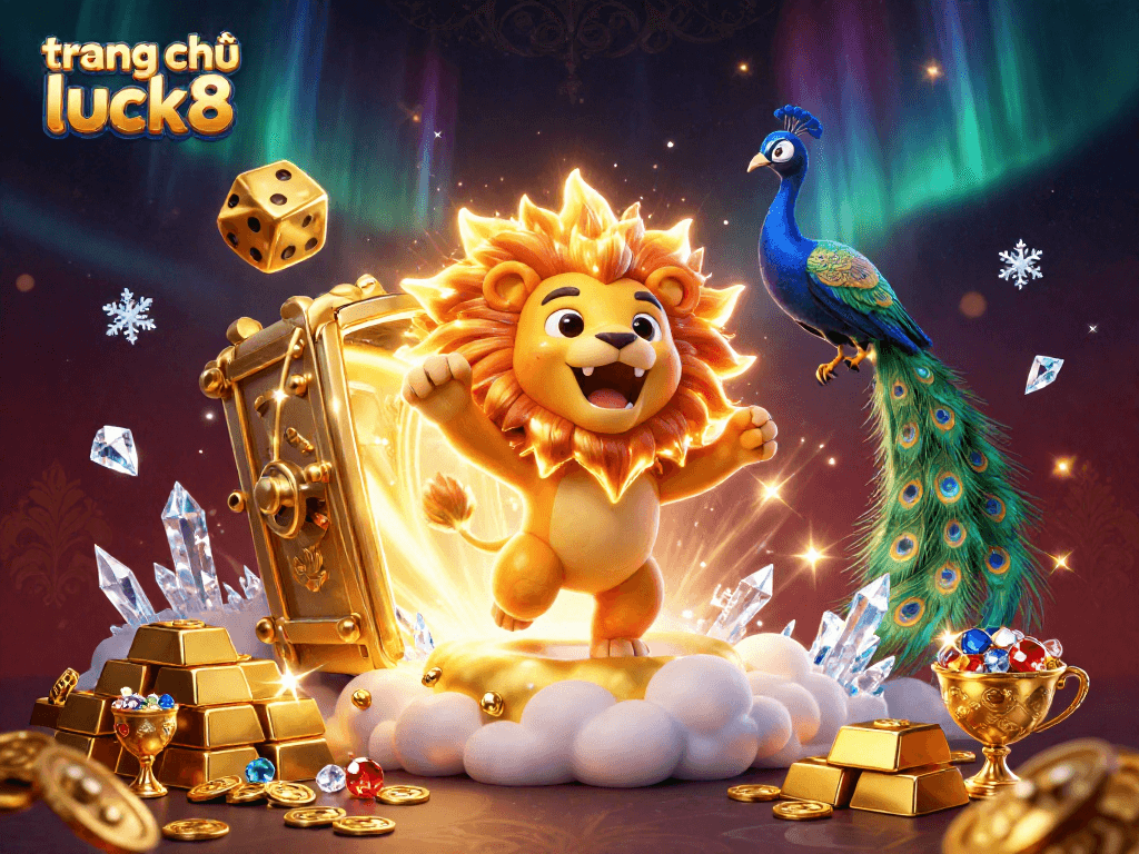 trang chủ luck8 showcases an epic 3D cartoon scene with golden casino elements and dynamic characters