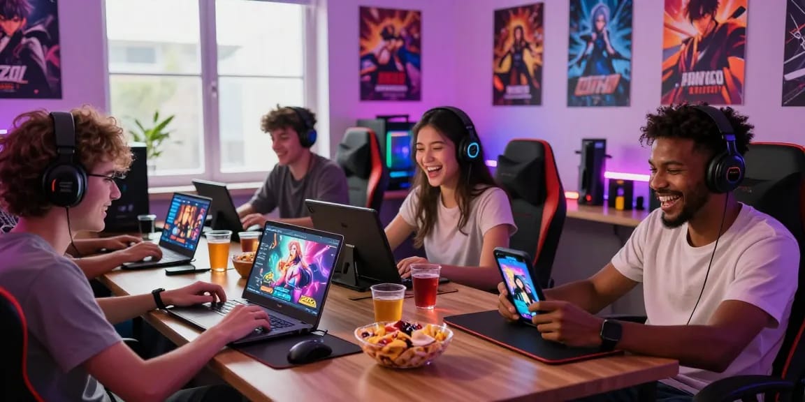 Gamers enjoying free hentai games in a cozy gaming room, showcasing social interaction and multiple devices.