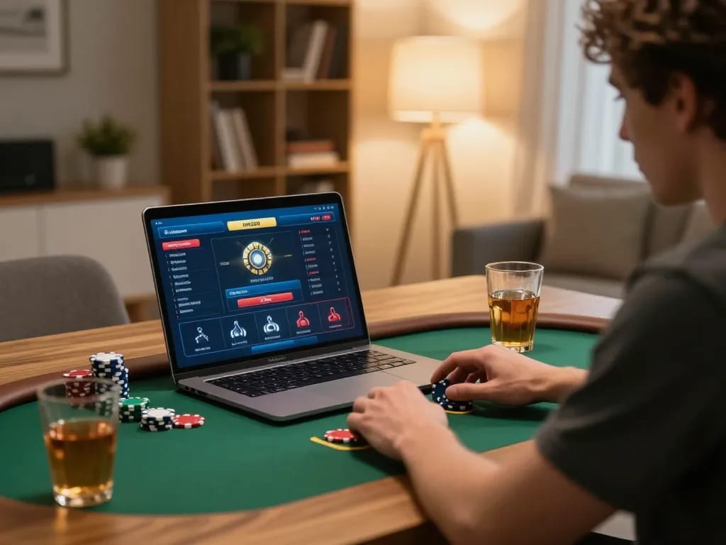 Engaging in strategic gameplay with hwg500 alternatif through a laptop and poker chips on the table.