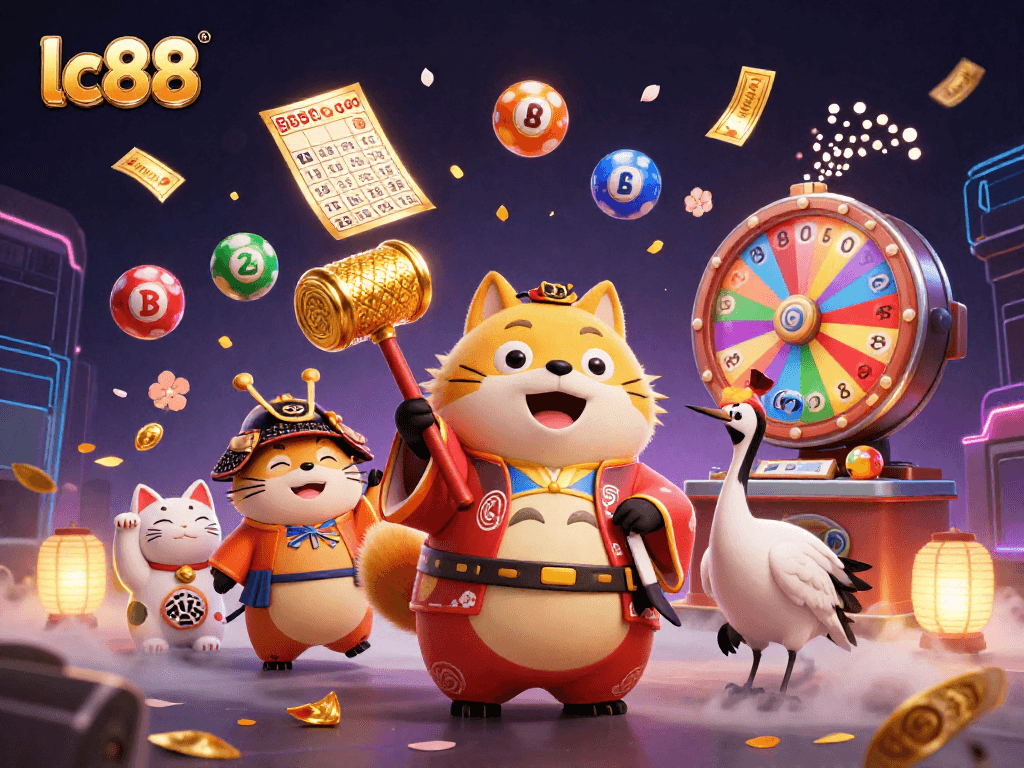 Play and win at lc88 with vibrant characters and dynamic action in this exciting casino illustration.