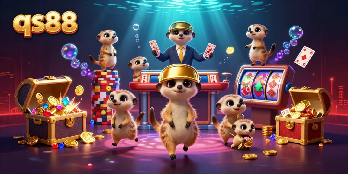 Engage with the exciting qs88 casino experience featuring meerkat characters managing vibrant games and treasures.