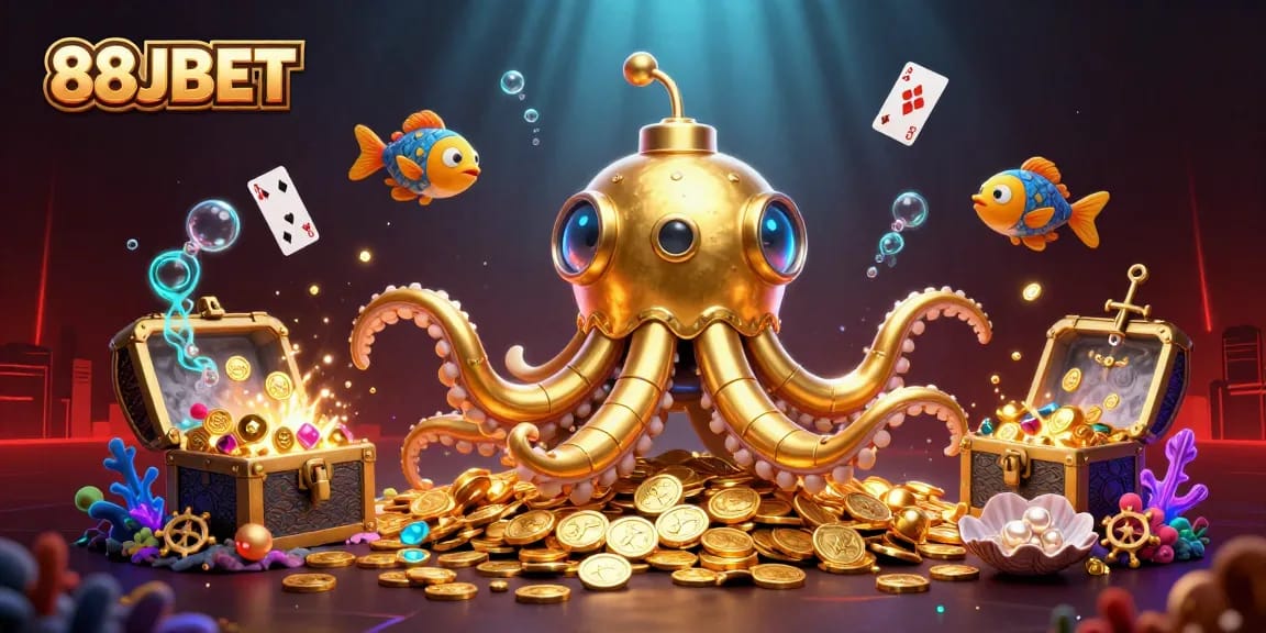 Engage with 88JBET's dynamic online gaming world featuring a golden kraken submarine in a treasure-laden sea.