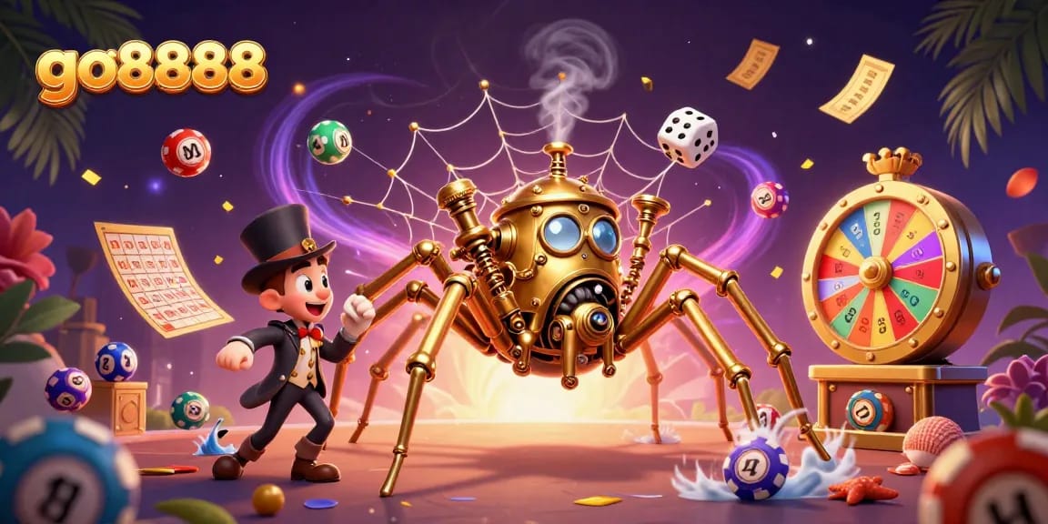 Engage with go8888's vibrant steampunk casino scene featuring golden spider and jubilant lottery elements.