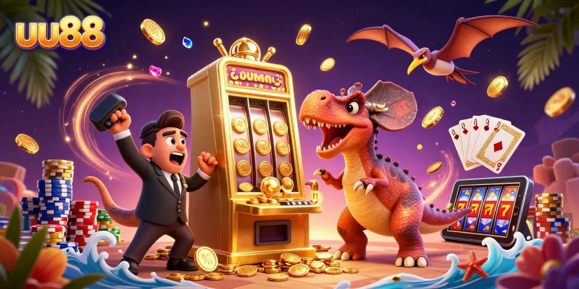 Experience the thrills of uu88 with a colorful casino scene featuring a dinosaur jackpot chase.