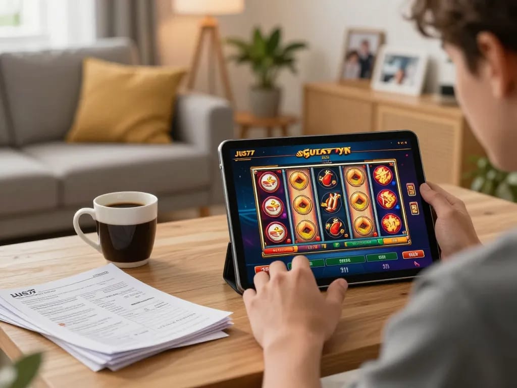 Playing slot games on Jus77 platform from a cozy home setup for an exciting gaming experience.