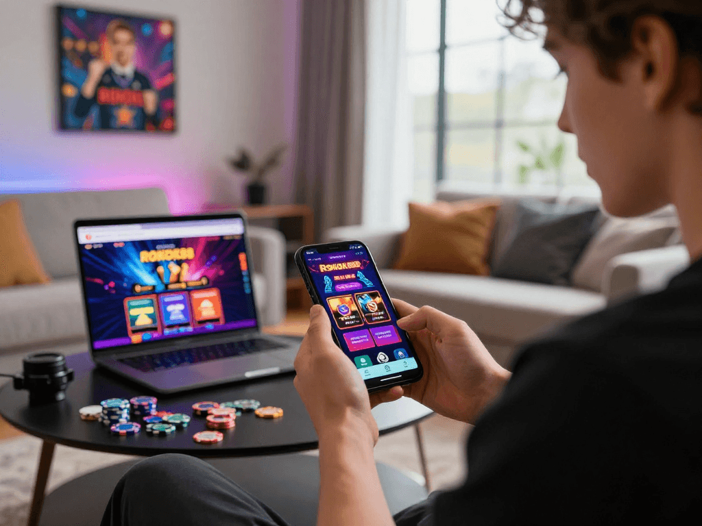 Engaging online casino experience at https://rokok88.bet with vibrant game displays and a stylish living room setting.