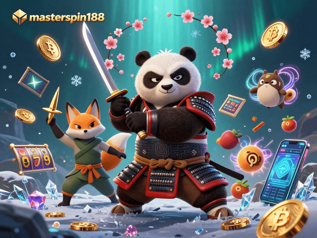 Engage with masterspin188 through this vibrant illustration showcasing a samurai panda and ninja fox in a dynamic casino backdrop.