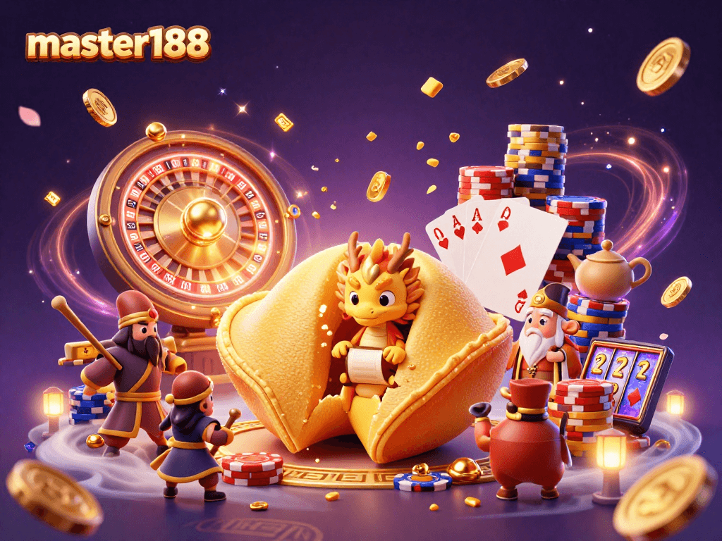 Master188 reveals treasures as a wise dragon inspects a fortune cookie in a vibrant casino scene.