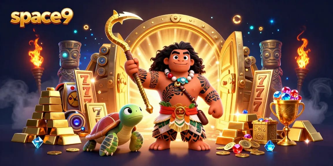 Play thrilling slots at space9 with a vibrant 3D casino illustration showcasing a demigod and turtle.