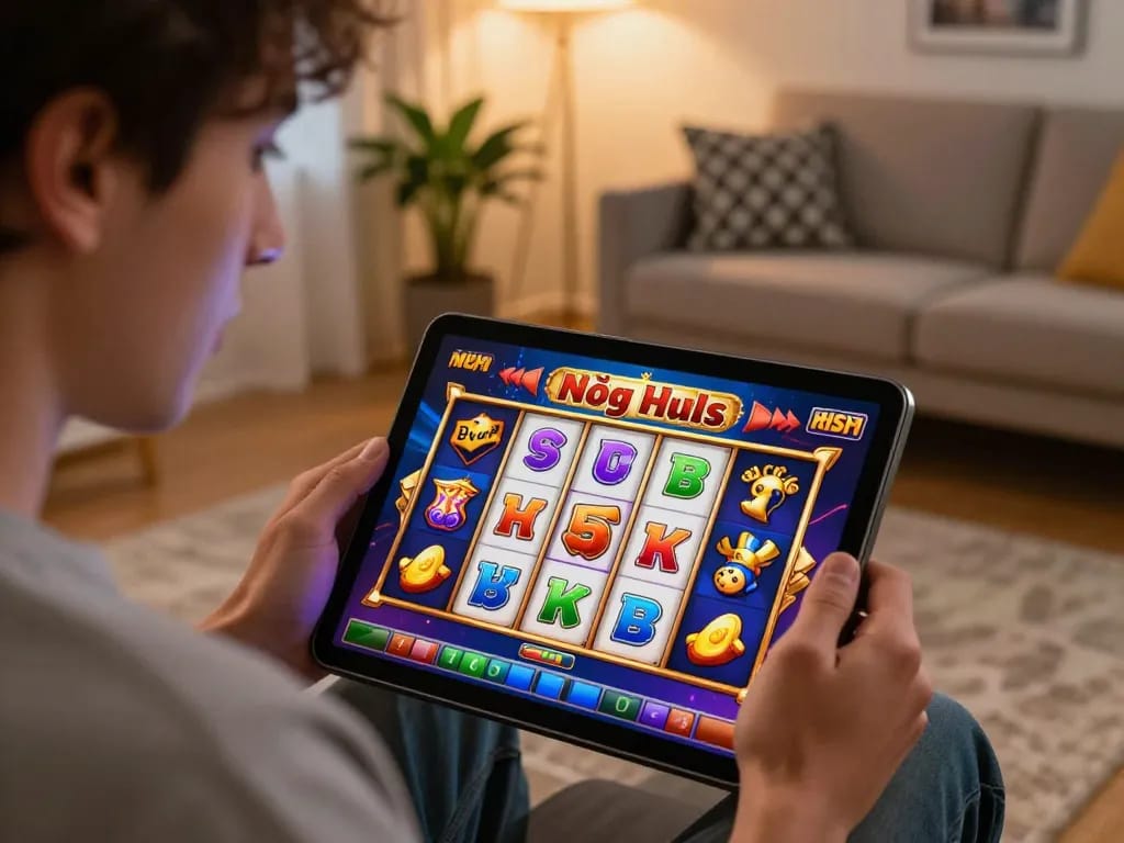 Player engaged in nổ hũ slot game on tablet, showcasing excitement and vibrant visuals.