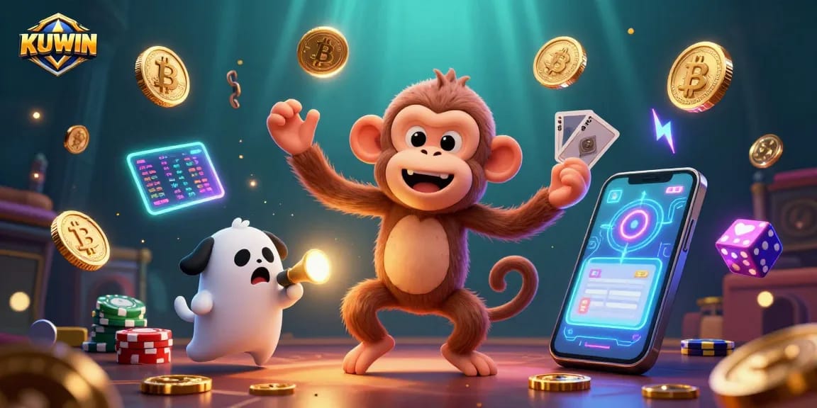 KUWIN brings excitement to gambling with a playful poltergeist monkey juggling riches in a vibrant casino scene.