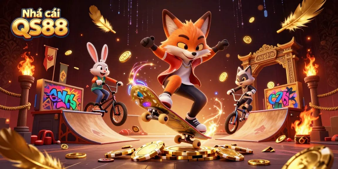 Experience thrilling action at Nhà cái QS88 with a skateboarder fox and BMX-riding rabbit in an exciting casino scene.