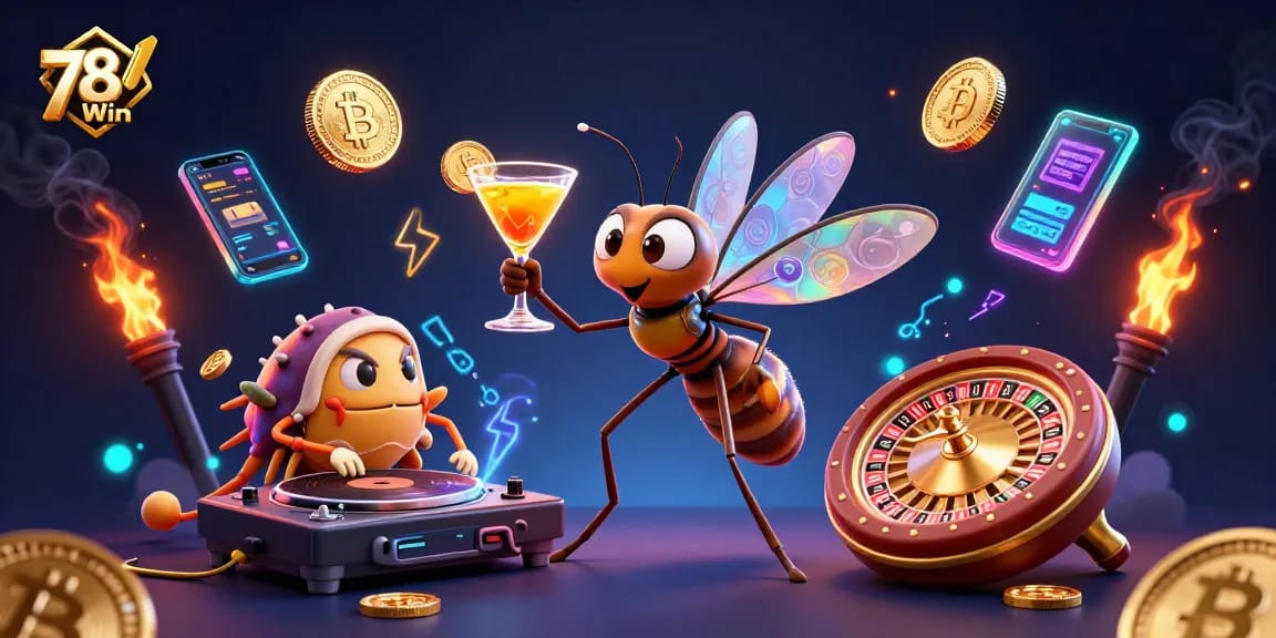 Engaging illustration showcasing 78Win casino elements with a mosquito mascot and a trilobite DJ surrounded by crypto coins.