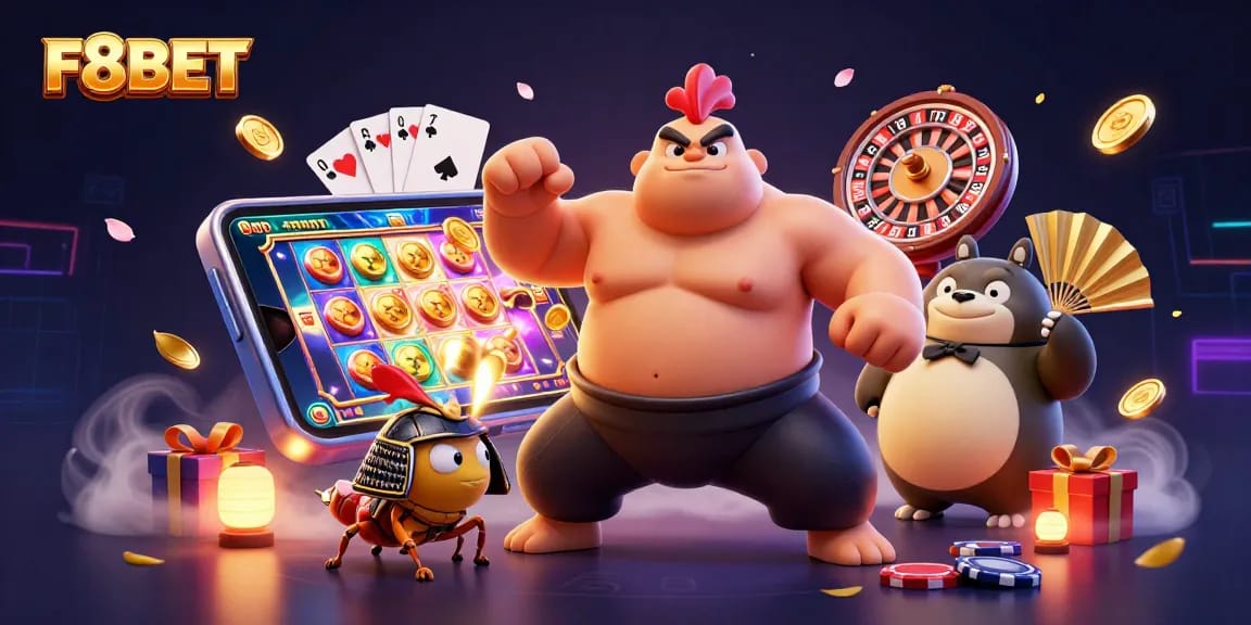 Engage with F8BET through a vibrant 3D illustration showcasing thrilling casino elements and exciting characters.