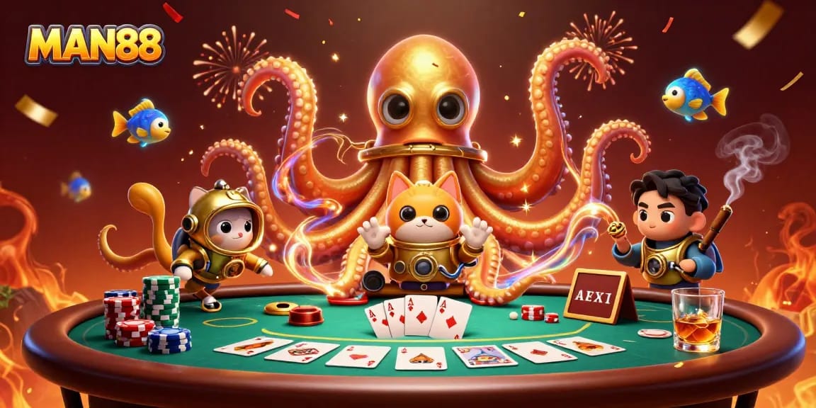 Experience thrilling action with MAN88's immersive gambling scene showcasing a kraken and diving cat.