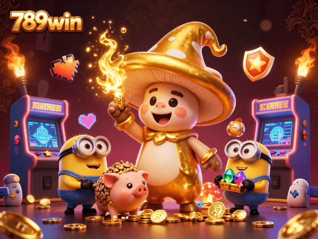 Experience the excitement of 789win with a magical casino scene featuring golden mushrooms and thrilling gaming elements.
