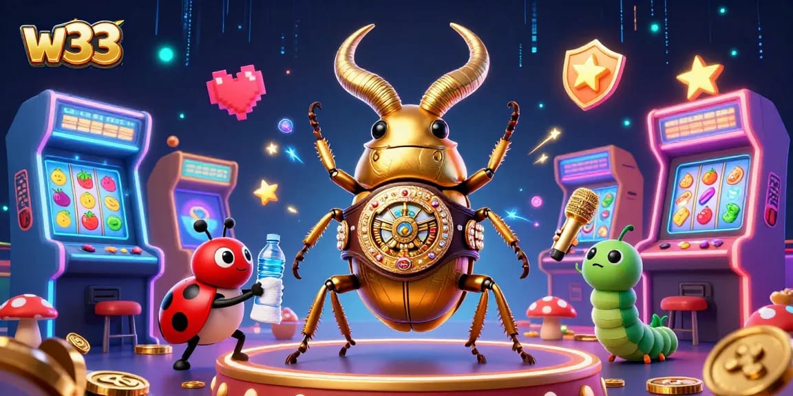 Play w33 slots with excitement as a giant stag beetle battles in a vibrant casino scene.