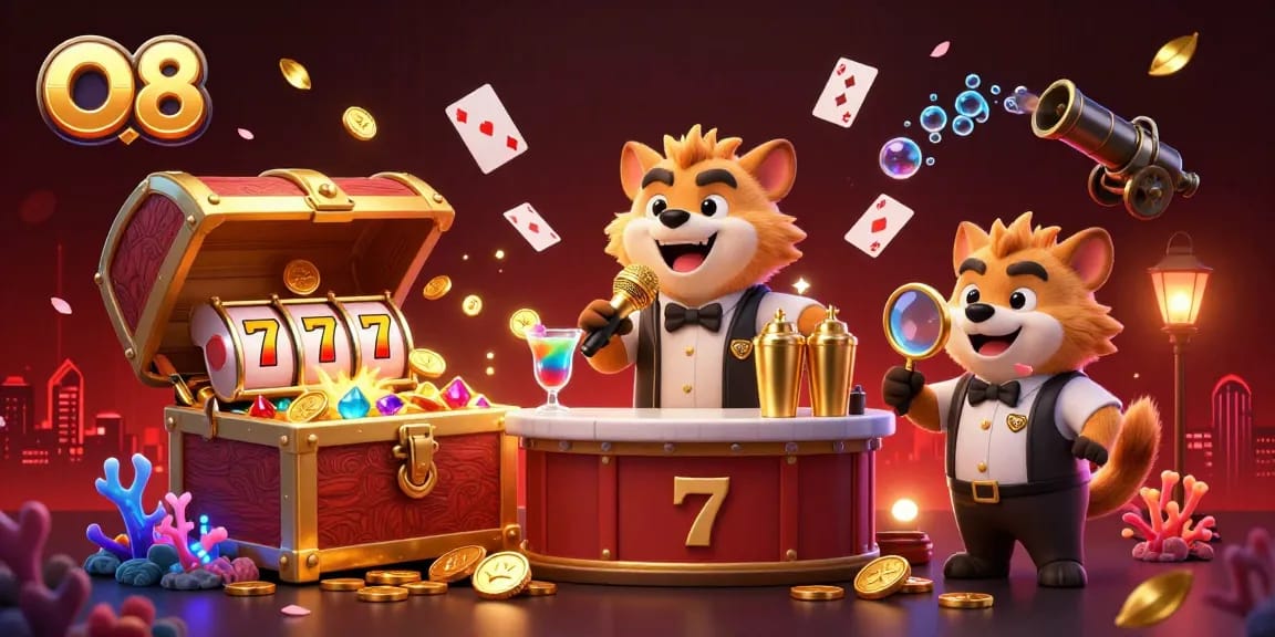 Experience the vibrant O8 comedy casino with lively hyenas, gold coins, and dynamic slot elements.