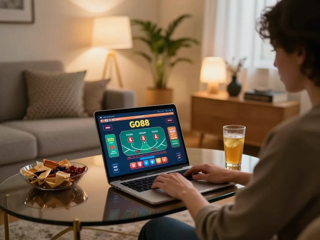 Engaged player using Go88 for live baccarat in a cozy home setting