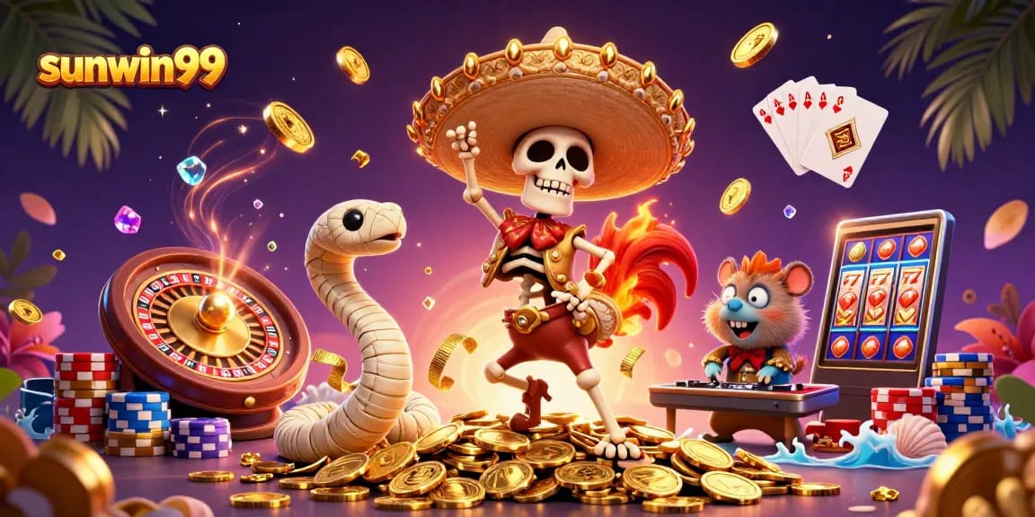 Play exciting casino games at sunwin99, featuring a vibrant scene with a mariachi rooster and more!