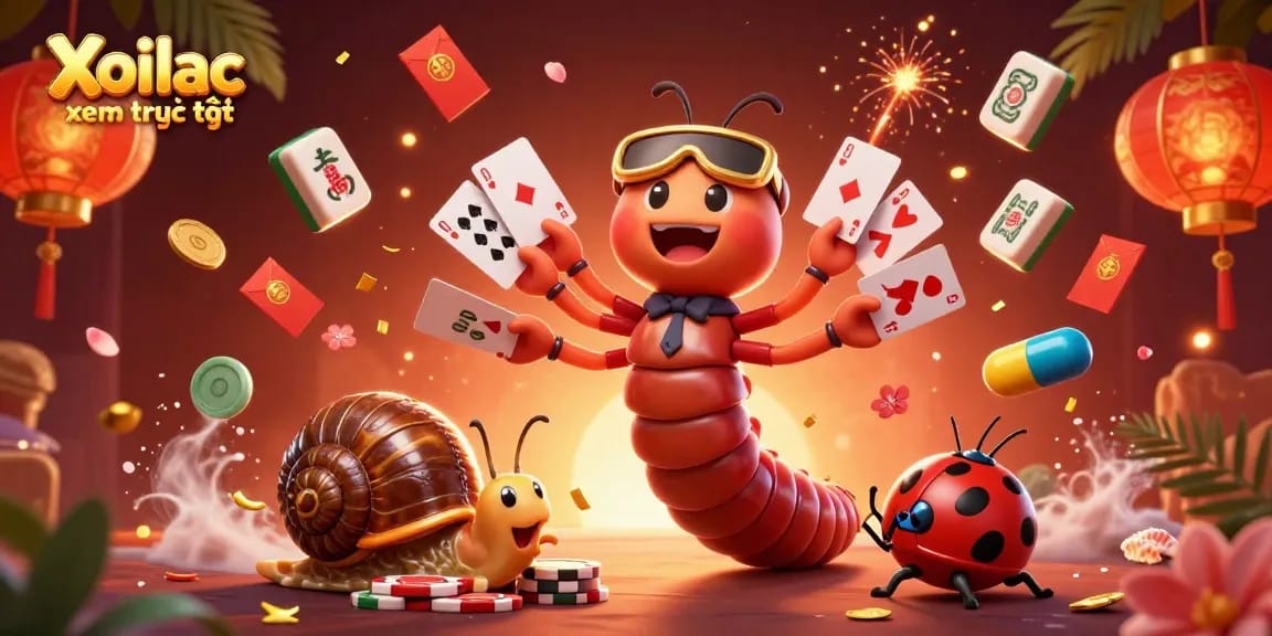Xoilac xem trực tiếp showcases an exciting scene of a millipede dealer at a casino with vibrant games and characters.