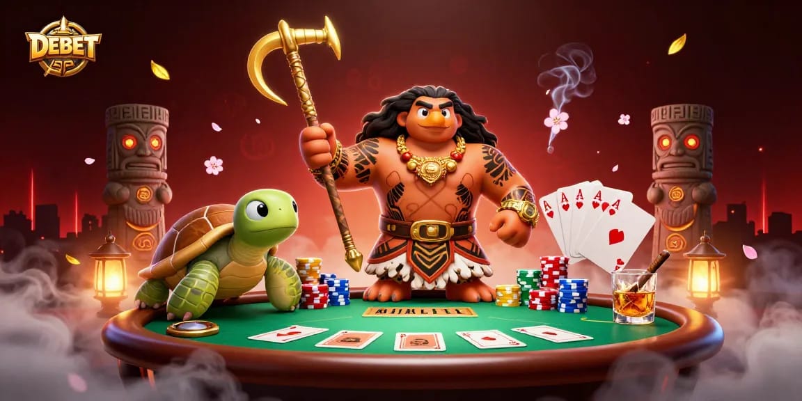 Engage with DEBET's thrilling atmosphere showcasing a poker scene with colorful elements.