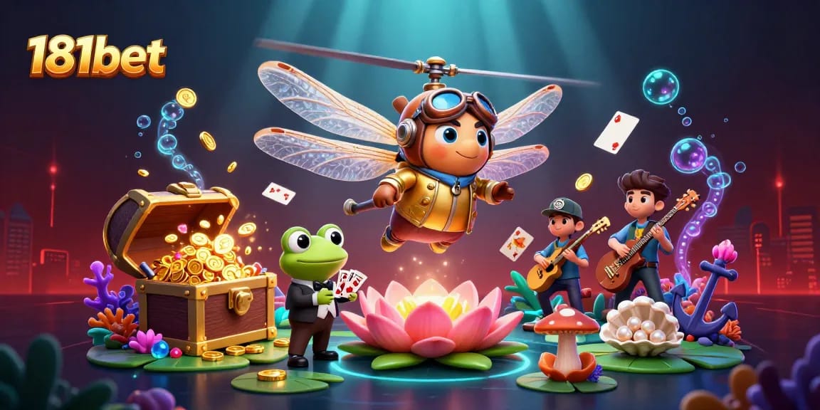Engage in the excitement of casino gaming with 181bet, featuring a dragonfly pilot and card-dealing frog in a vibrant scene.
