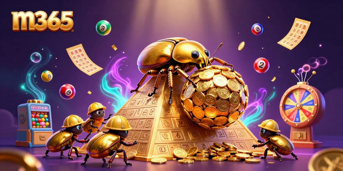 M365 showcases thrilling casino excitement with golden dung beetles and vibrant lottery elements.