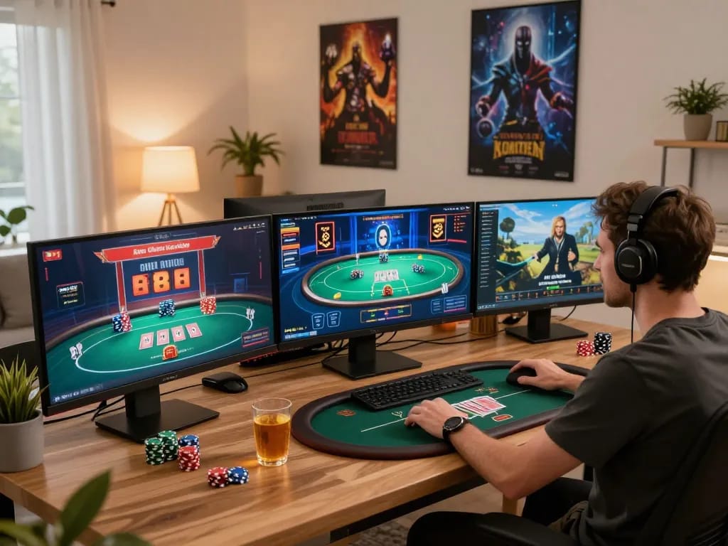 Engaging online gaming session on desktop featuring 8kbet com poker games and cozy home setup.