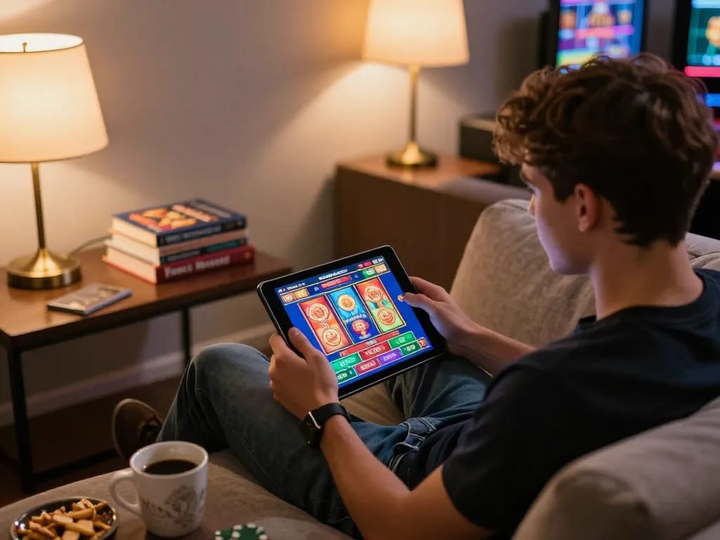 Player engaging with 789 online casino on tablet in cozy home setting.
