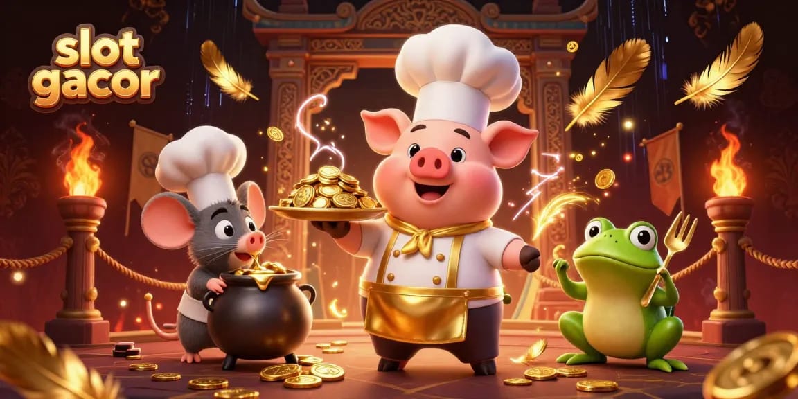 Engage players with slot gacor by watching a chef pig serve gold coins in a casino-themed illustration.