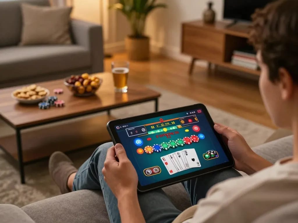 B52 gaming enthusiast enjoying online casino gameplay on tablet in cozy living room setting.