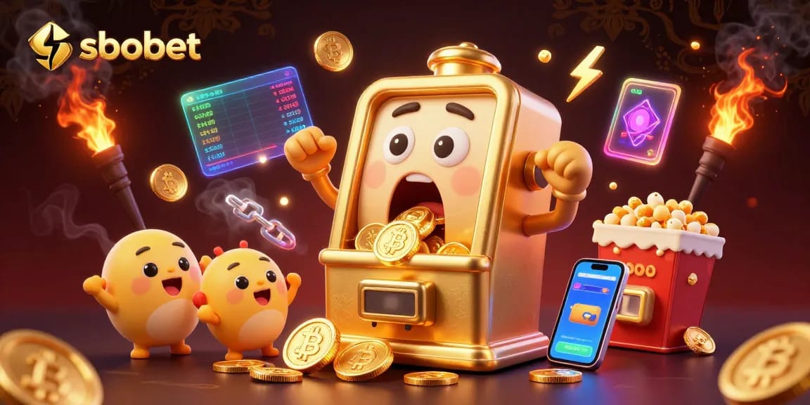 Experience sbobet action where a golden slot machine hits the jackpot amidst cheering machines and crypto elements.