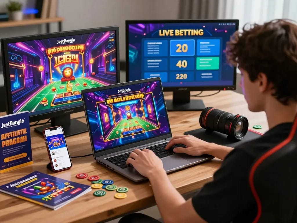 JeetBangla affiliate user exploring online gaming options while showing vibrant casino graphics on a laptop screen.