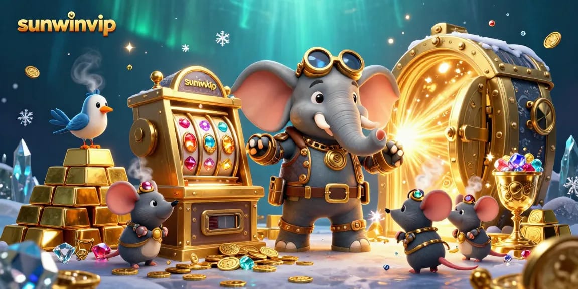 Experience exciting wins with sunwinvip's rich 3D casino-themed illustration featuring steampunk characters.