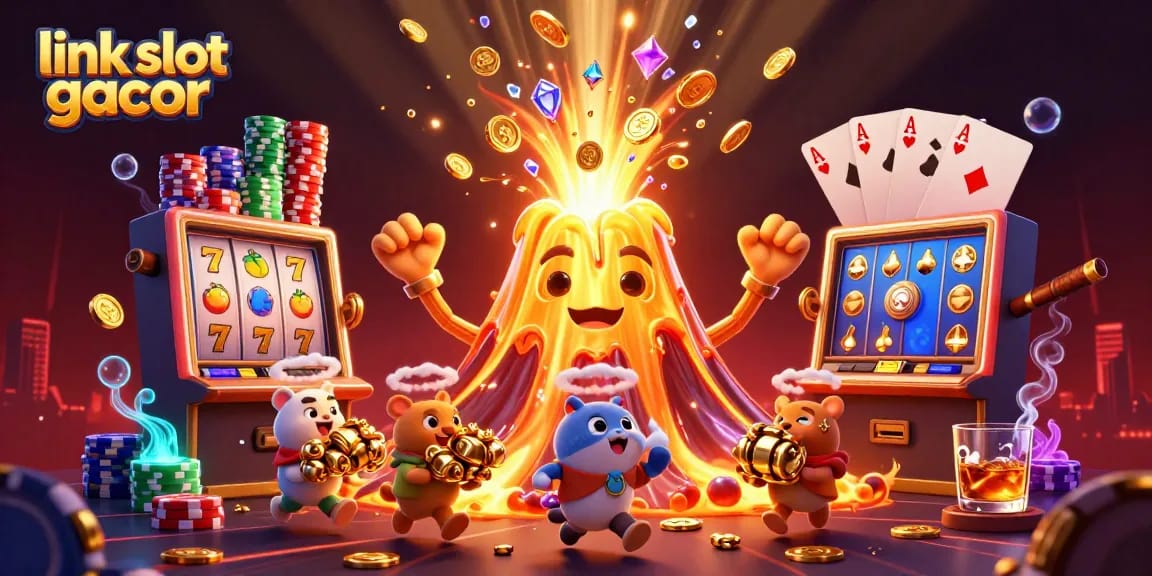 Experience the excitement of link slot gacor with this vibrant scene of a volcano erupting treasures amidst energetic slot elements.