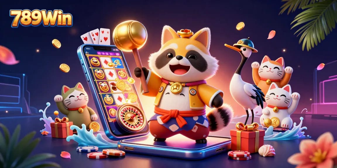 Spin colorful slots and win with 789Win's dynamic casino games illustration featuring a tanuki.