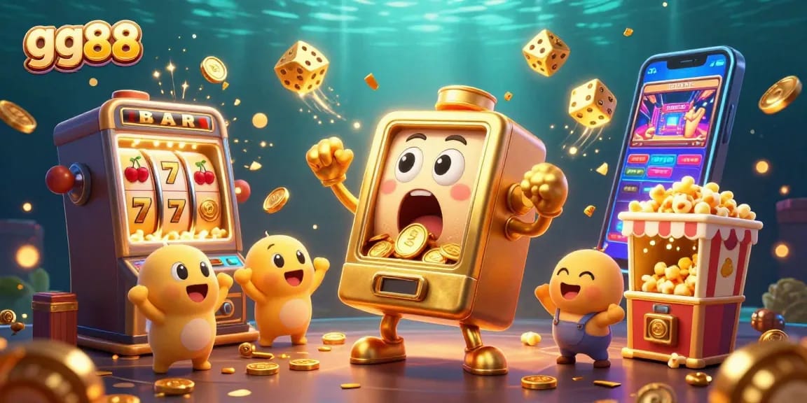 Celebrate jackpots at gg88 with a golden slot machine amid coins, firework effects, and fun characters.