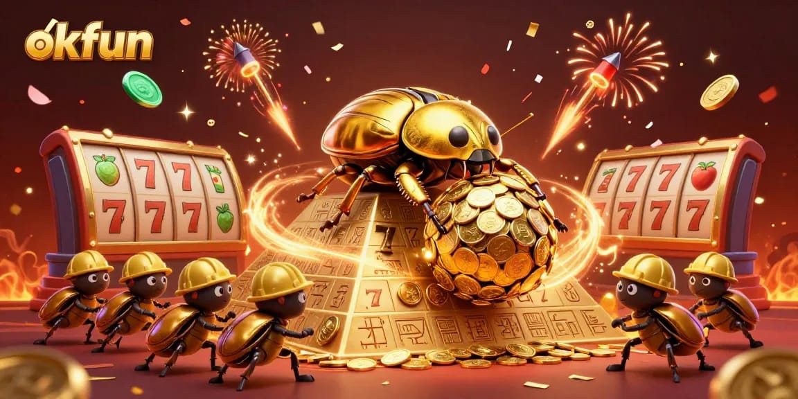 Experience the excitement with okfun as a golden beetle rolls coins up a pyramid amidst slot reels.