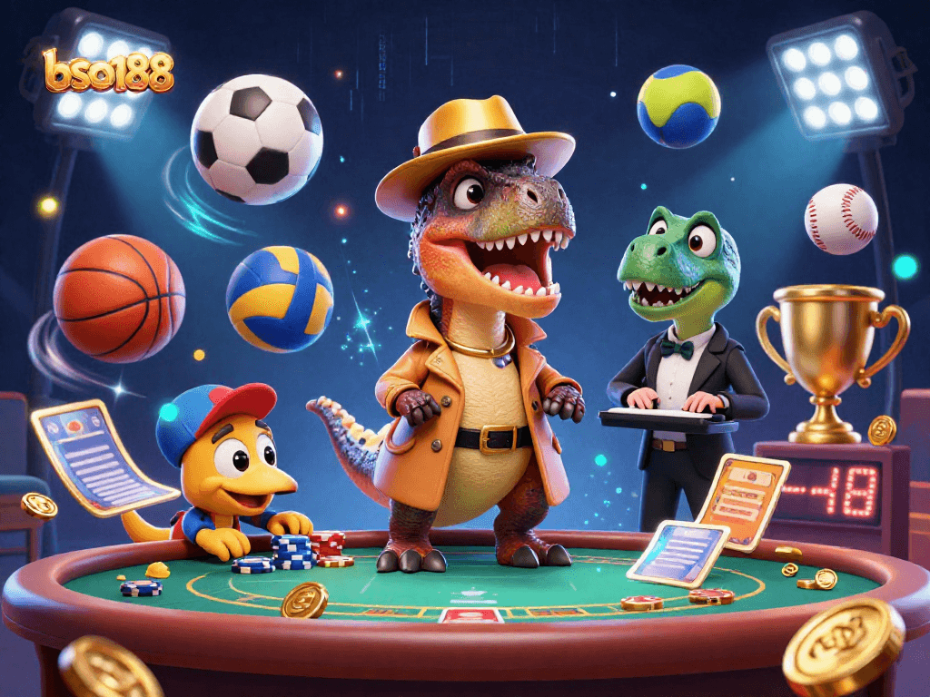 Engaging bso188 casino scene featuring a cartoon velociraptor card counter at a blackjack table.
