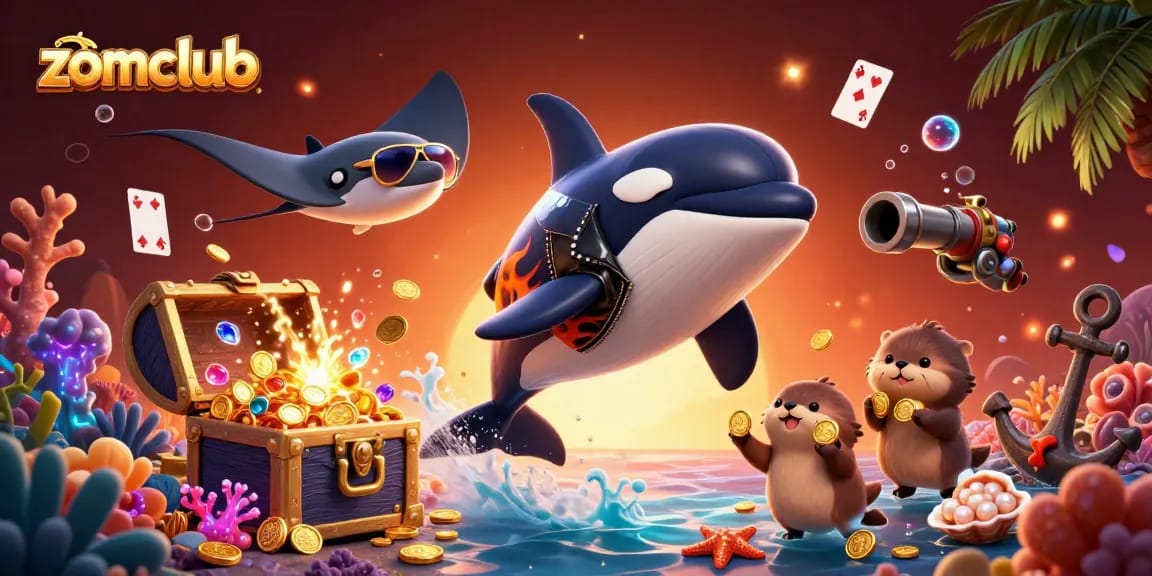 Experience thrilling gameplay in zomclub's virtual casino scene with an orca, stingray, and otters celebrating with treasures.