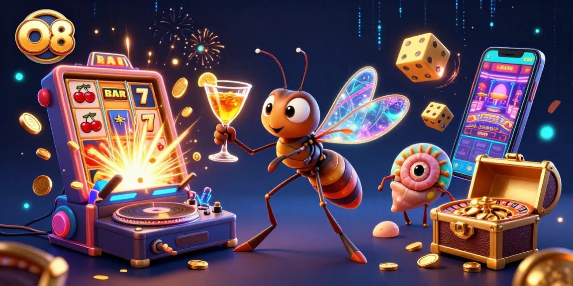 Experience O8's exciting gaming world with vibrant casino elements and dynamic characters.